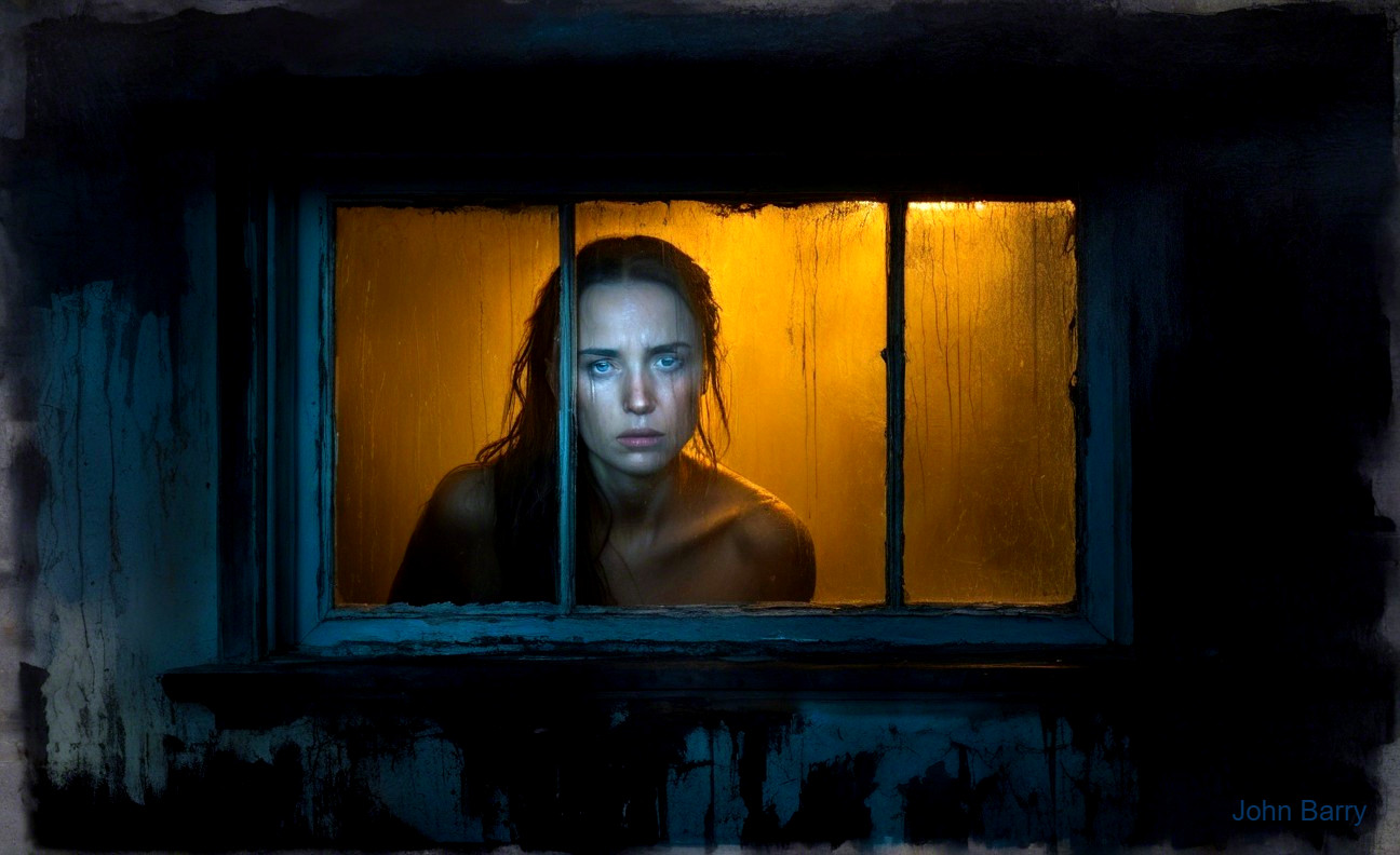 Woman with Wet Hair Gazes Through Fogged Window