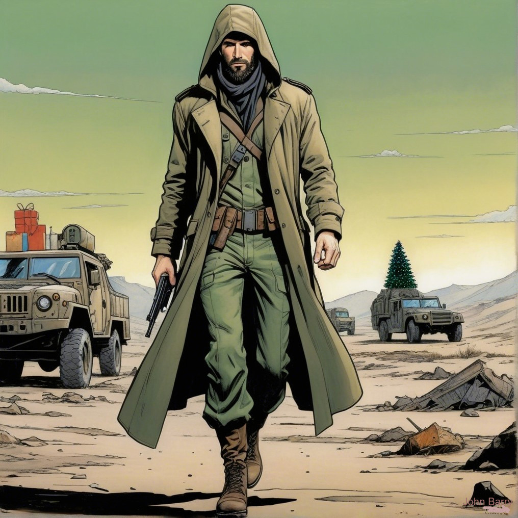 Lone Figure in Military Attire in Barren Landscape