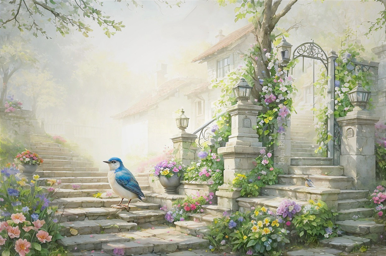 Cascading Stone Steps with Vibrant Flowers and Lanterns