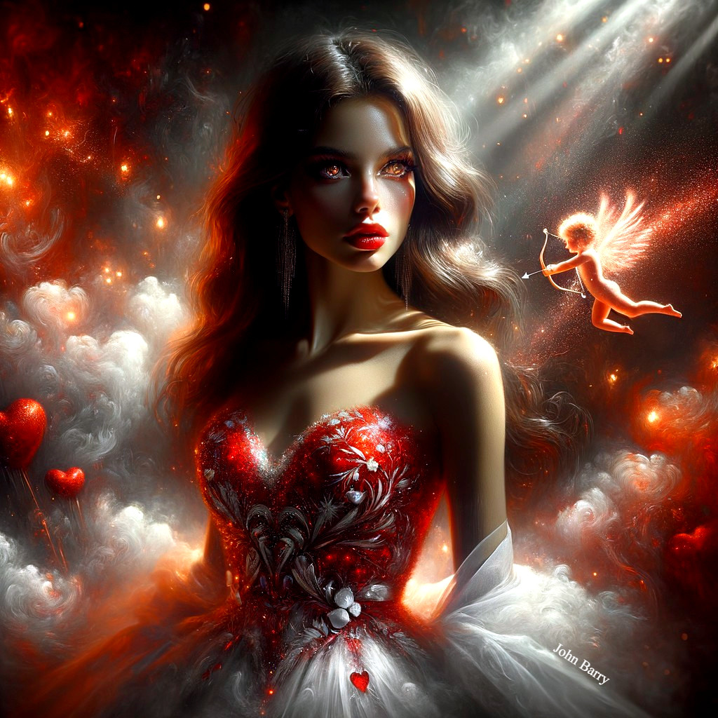 Ethereal Woman in Red Dress with Angelic Figure and Hearts