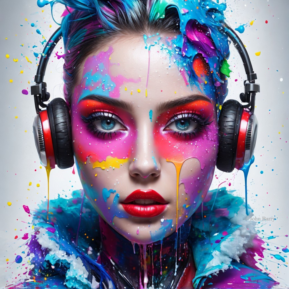 Portrait of a woman with vibrant face paint and headphones