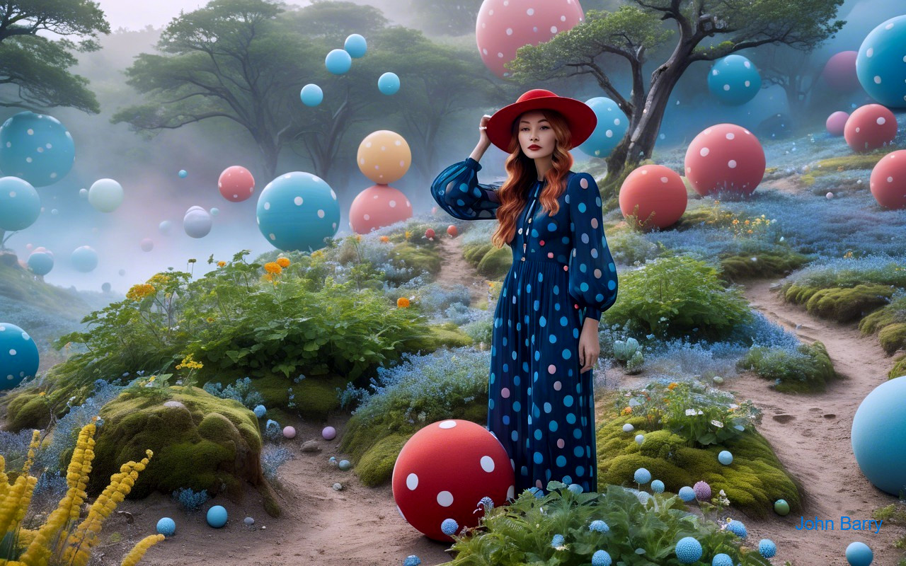 Whimsical Landscape with Woman in Blue Polka-Dot Dress