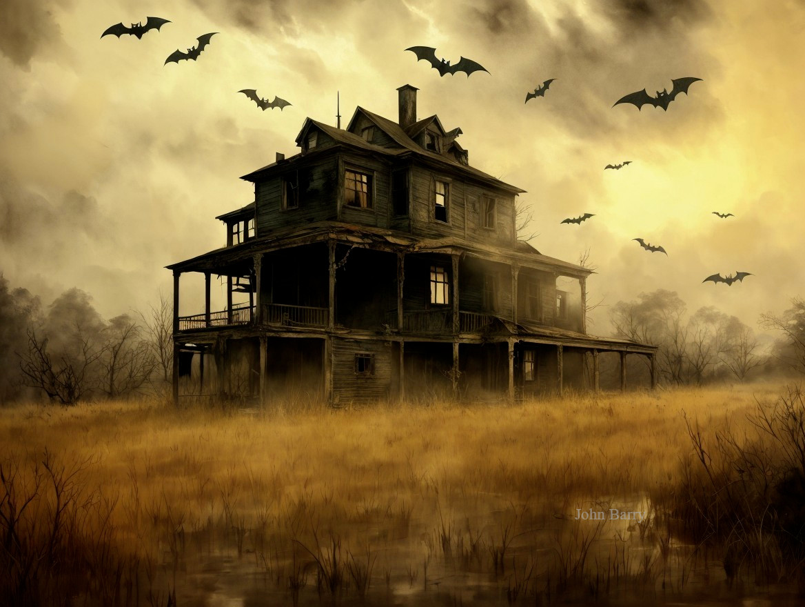 Abandoned mansion under gloomy sky with bats and grass