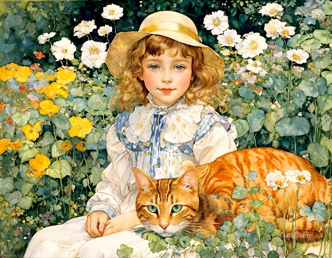 Young girl in garden with tabby cat and flowers