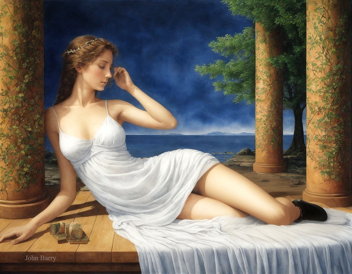 Serene Figure in White Dress by Marble Column