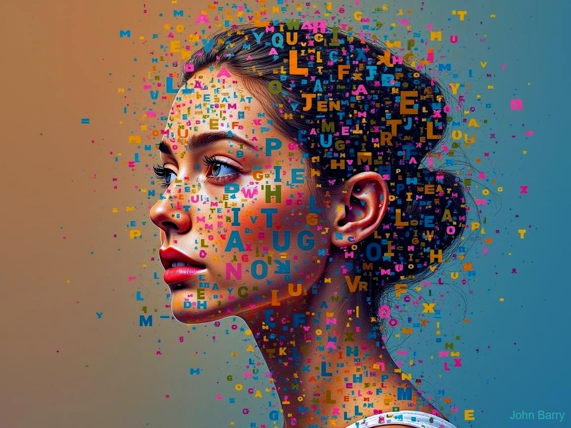Portrait of a Woman with Colorful Text and Symbols