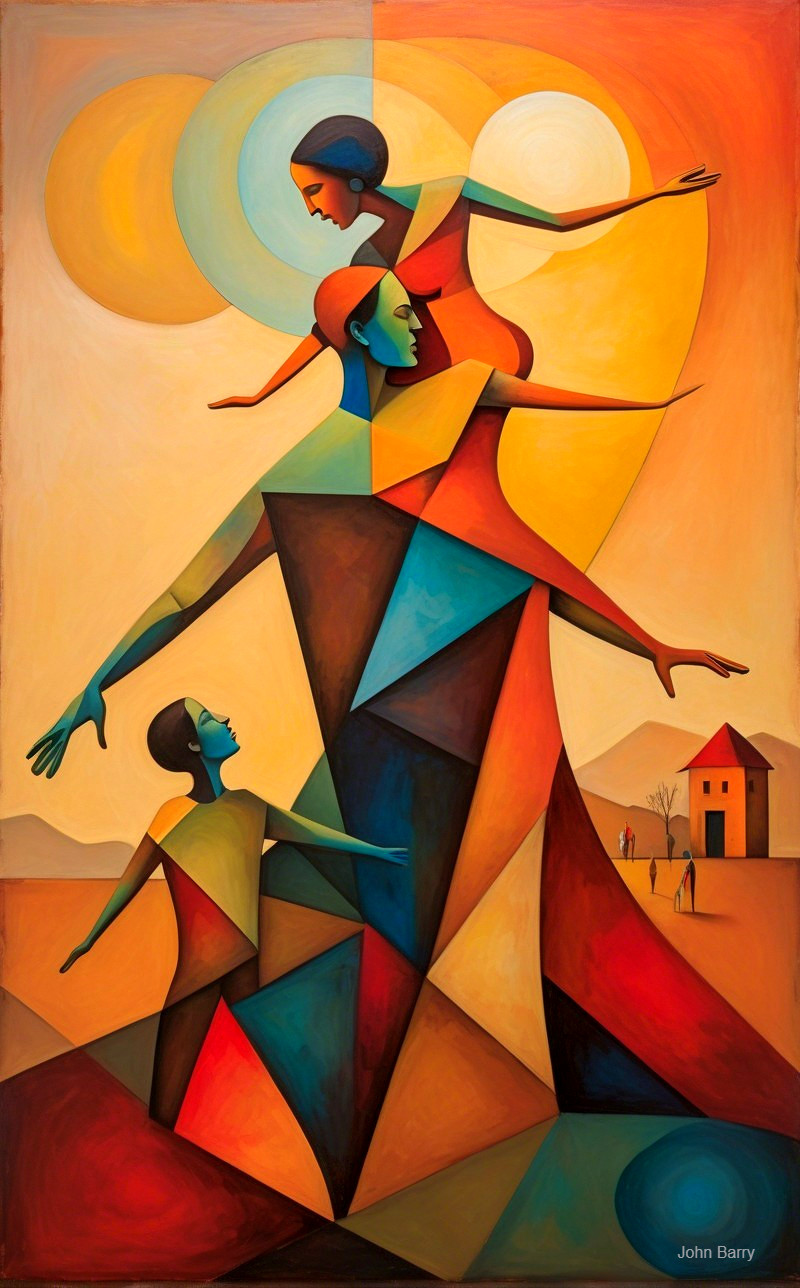 Stylized Figures in Vibrant Geometric Shapes