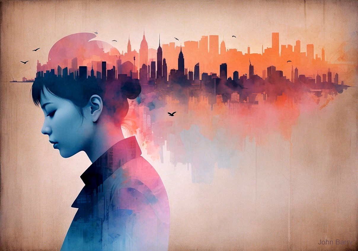 Silhouette of a Woman Against a Colorful Skyline