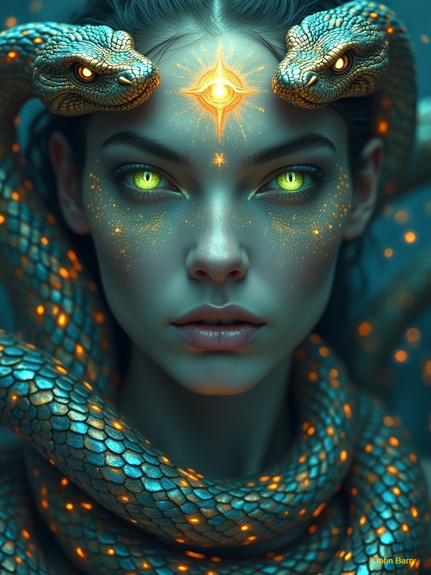 Mystical Portrait of a Woman with Serpents and Star Symbol