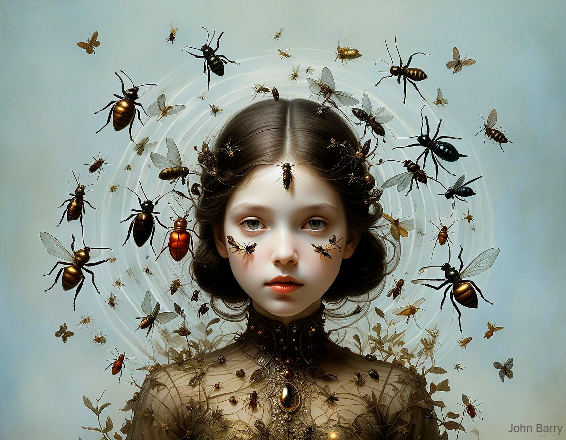 Portrait of a Young Girl Surrounded by Insects and Flowers
