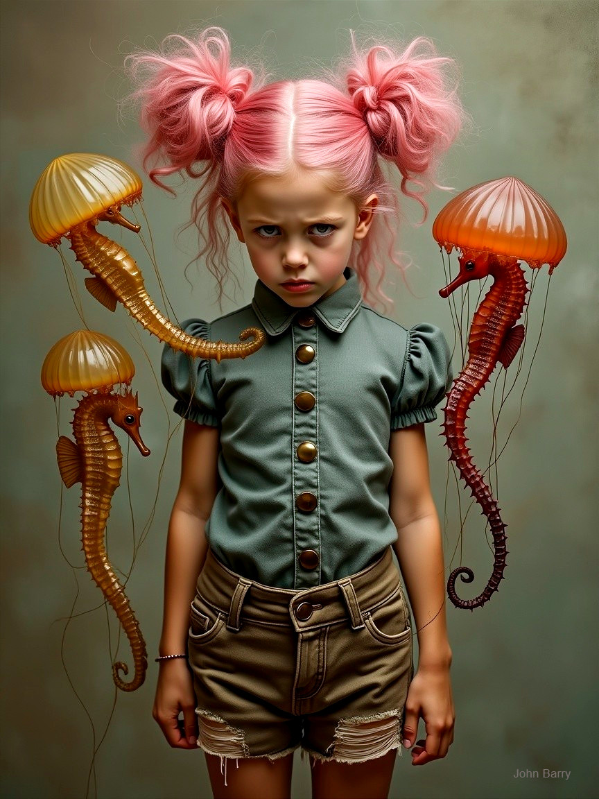 Young girl with pink pigtails in surreal underwater scene