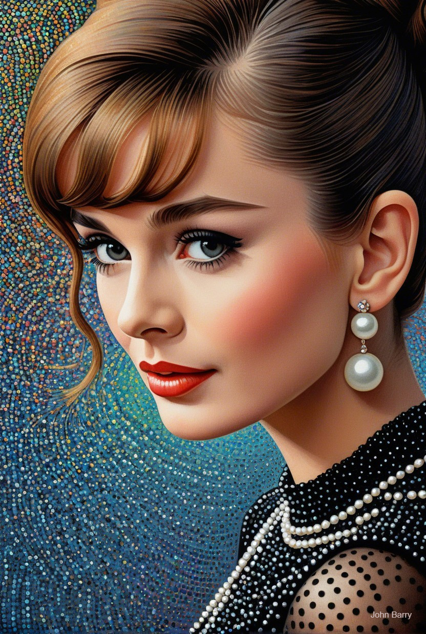 Elegant Portrait of Woman in Black Dress and Pearls