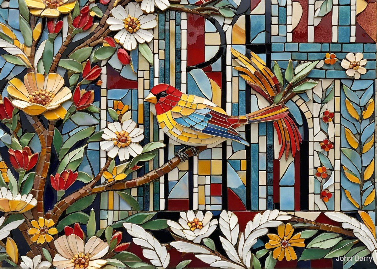 Intricate Mosaic of Colorful Bird and Floral Design