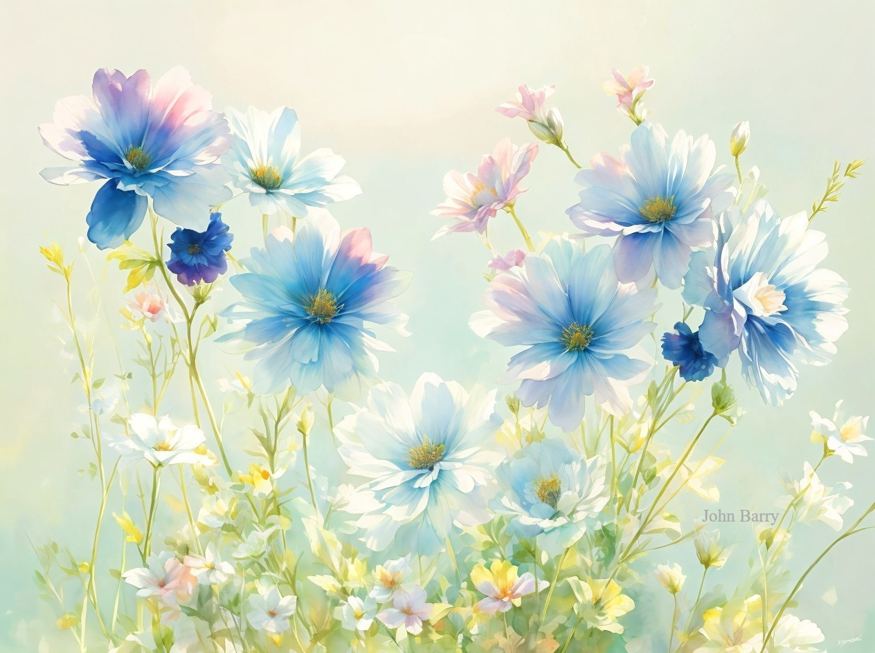 Soft Blue and Pastel Flower Arrangement Description