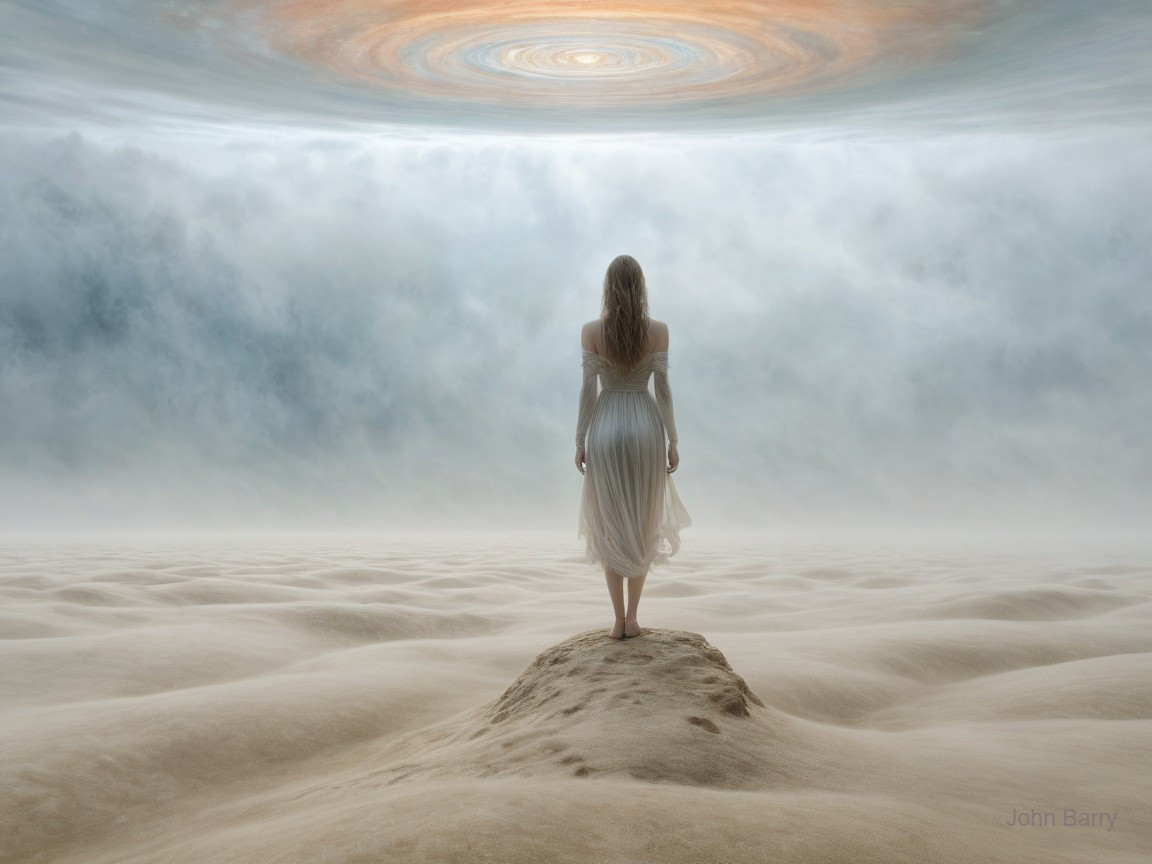 Serene Figure Gazing at Cosmic Vortex in Misty Sky