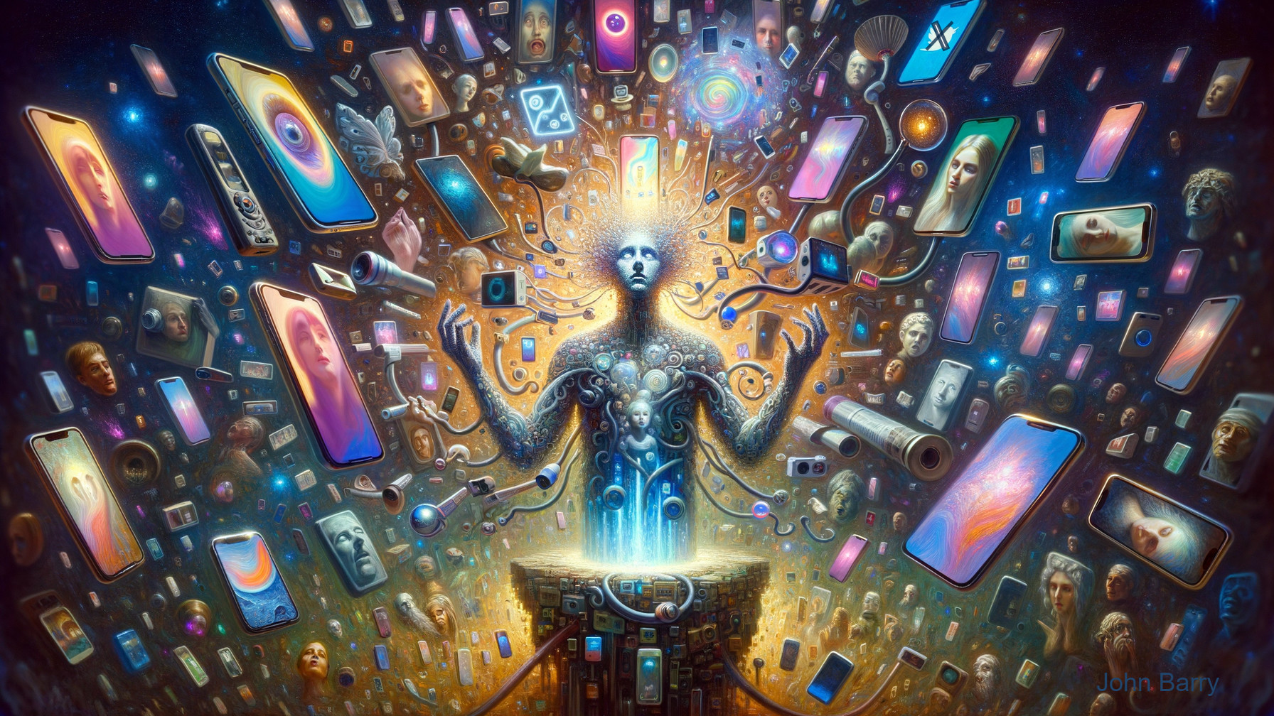 Surreal Figure Surrounded by Floating Devices and Light