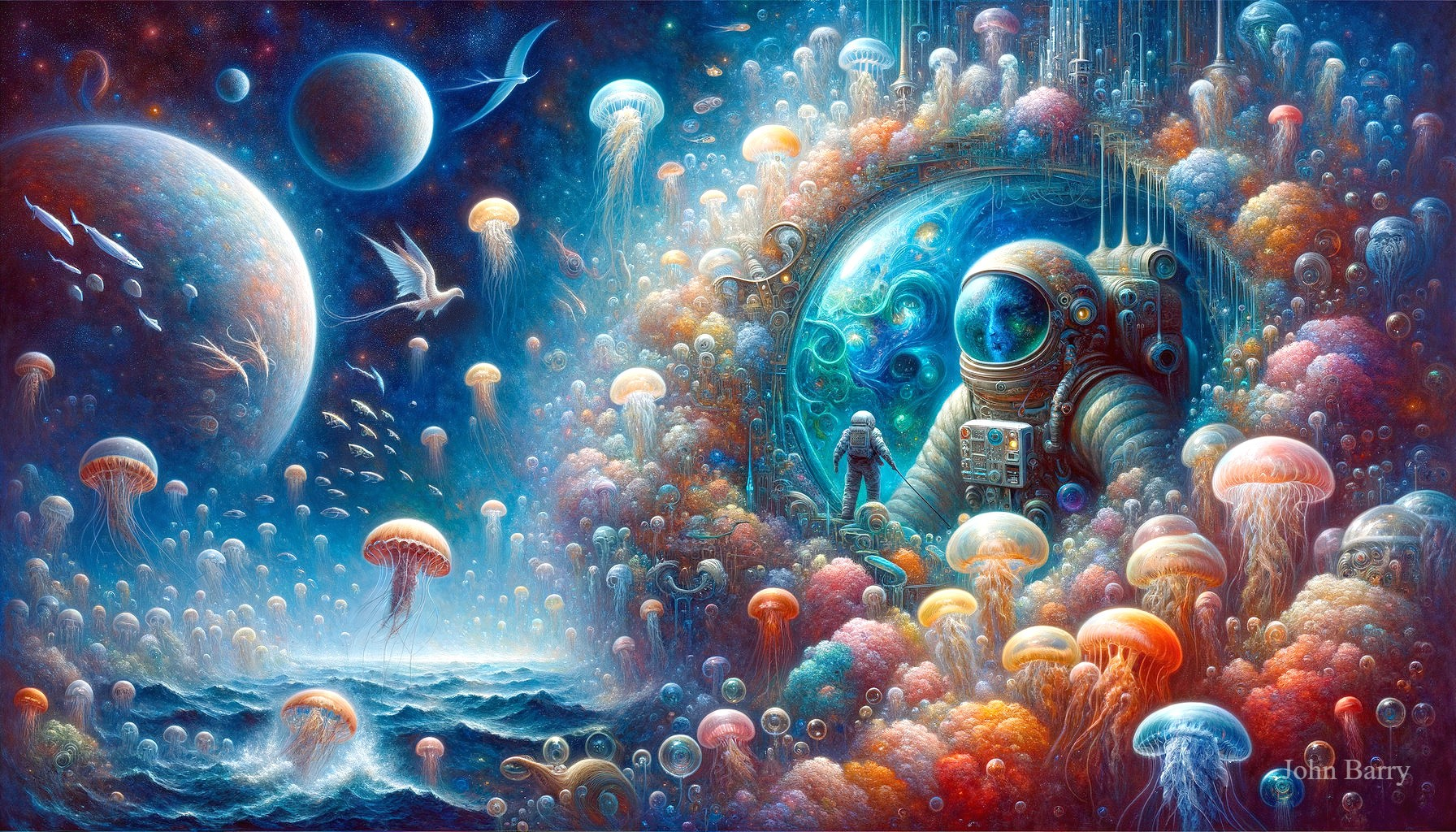 Cosmic Scene with Astronaut and Colorful Jellyfish