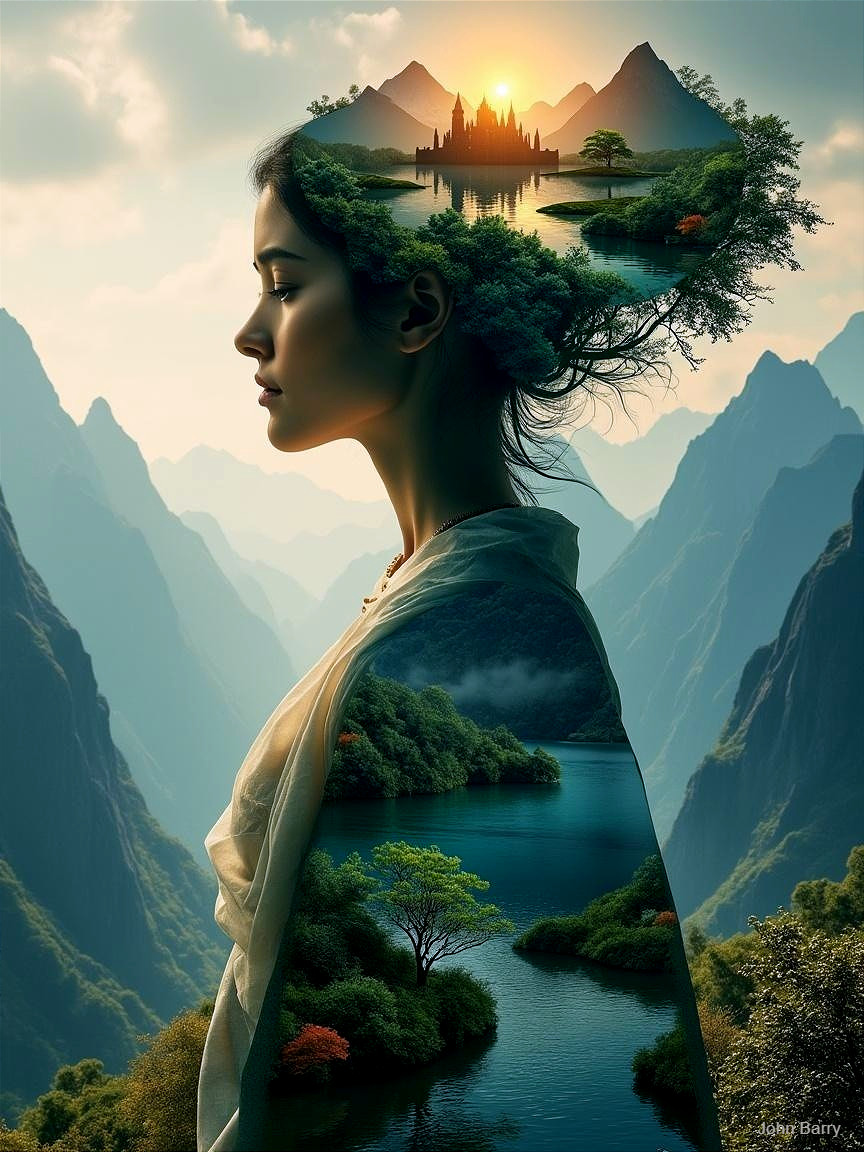 Serene Woman's Silhouette in Enchanting Landscape