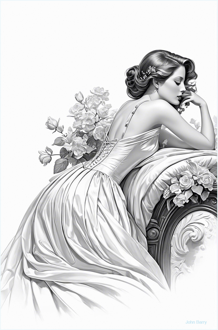 Elegant woman in vintage gown surrounded by roses