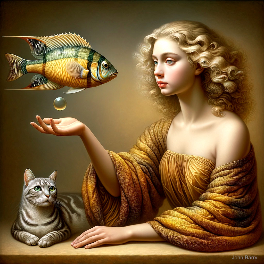 Woman with Curly Hair and Colorful Fish in Hand