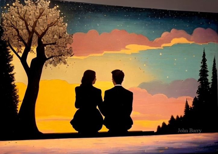 Silhouette of Couple at Vibrant Sunset with Tree