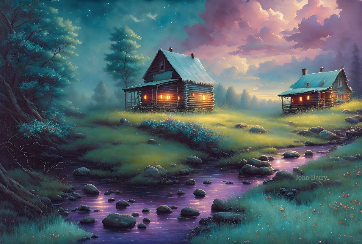 Serene Landscape with Rustic Cabins at Twilight