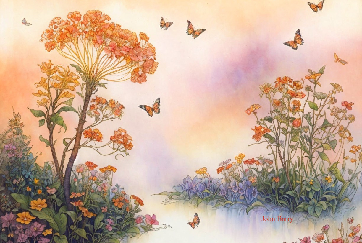 Vibrant Ethereal Garden with Blooming Flowers and Butterflies