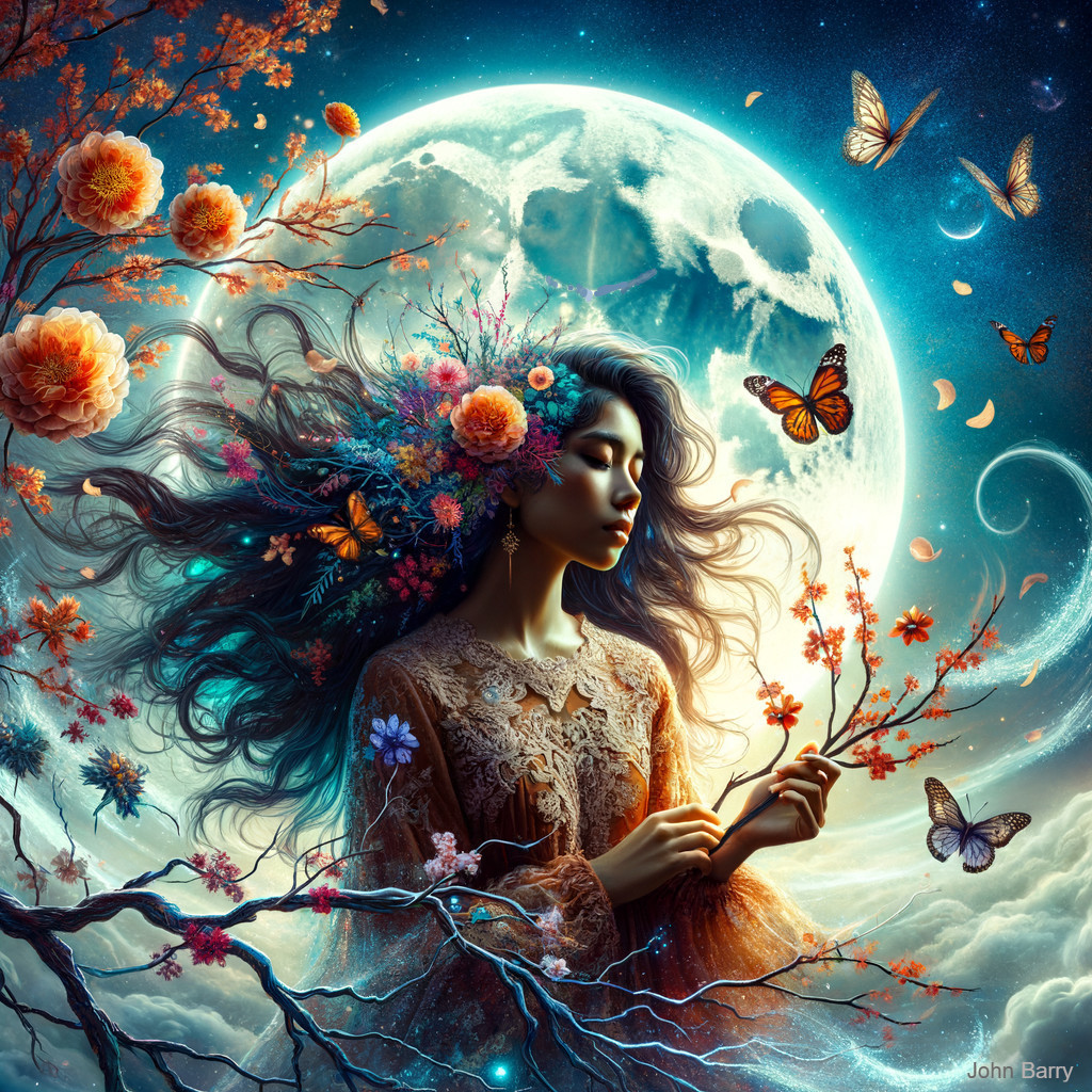 Serene figure with flowers and butterflies by moonlight