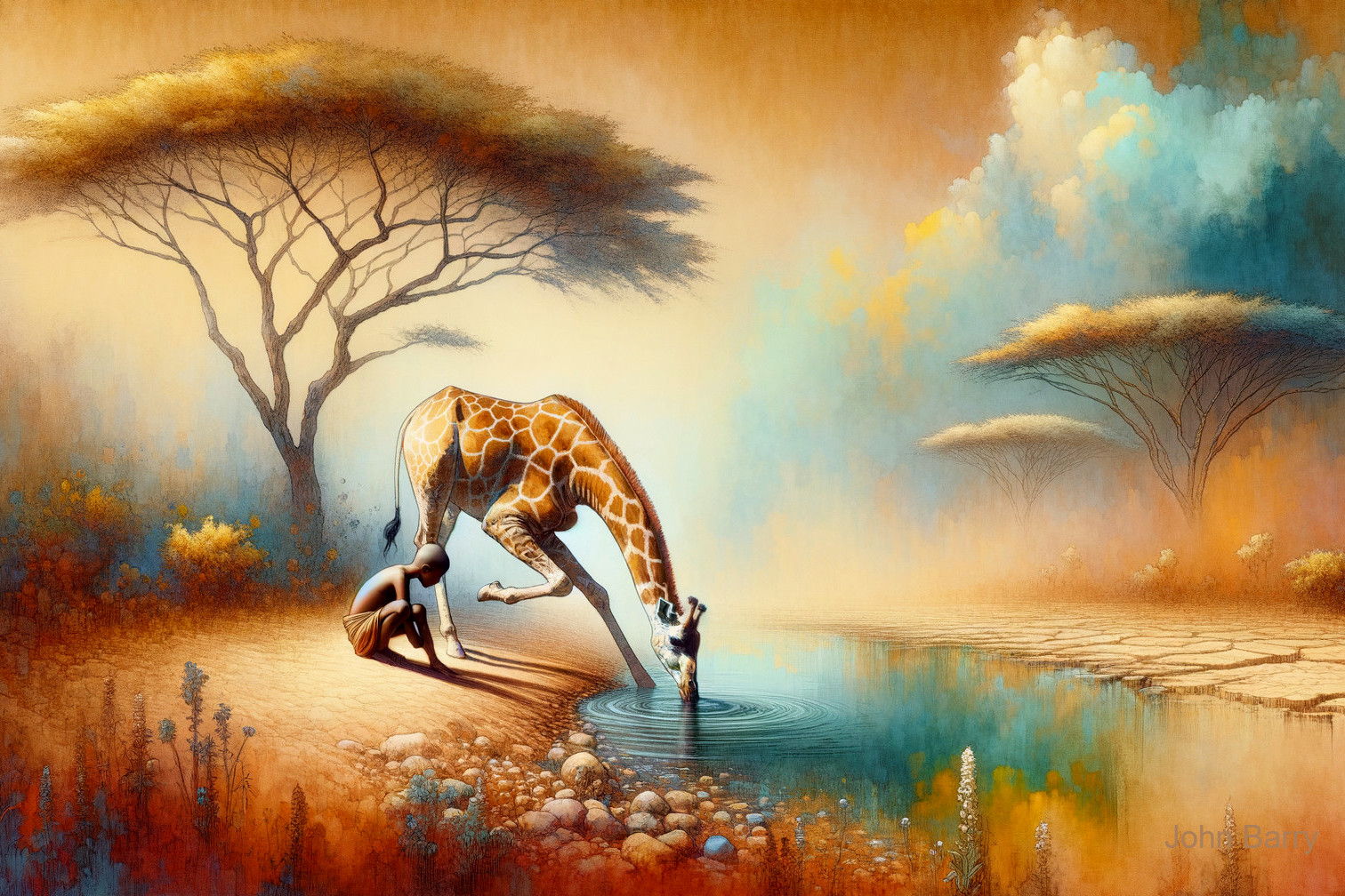 Giraffe and Human Share Moment in Dreamlike Landscape