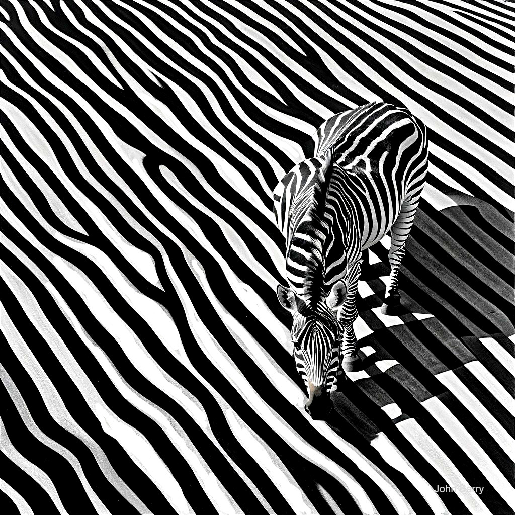 Zebra in Black and White with Striped Background
