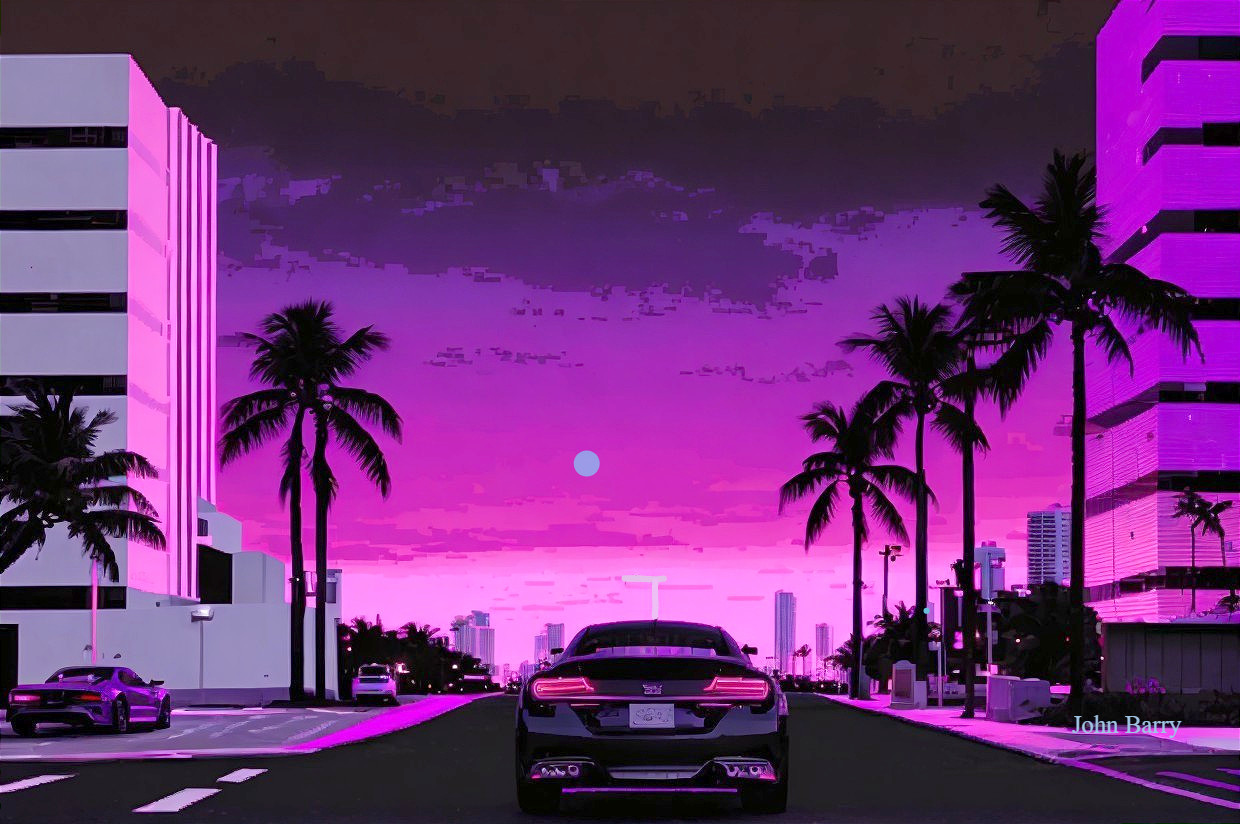 Futuristic cityscape with pink sunset and palm trees