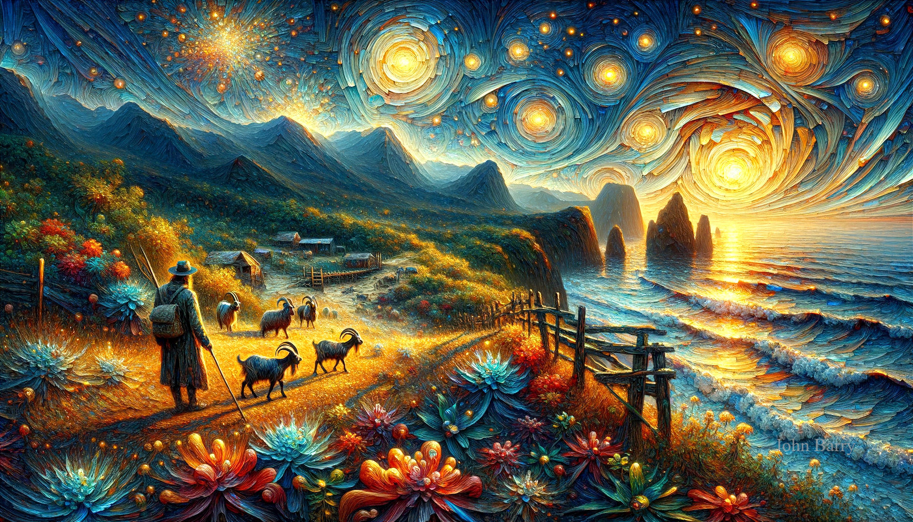 Vivid Night Landscape with Stars and Grazing Goats