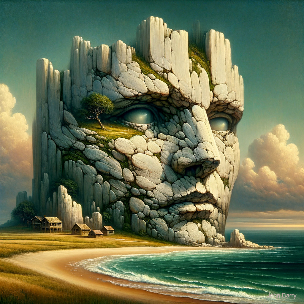 Colossal Stone Face on Rocky Cliff by Serene Beach