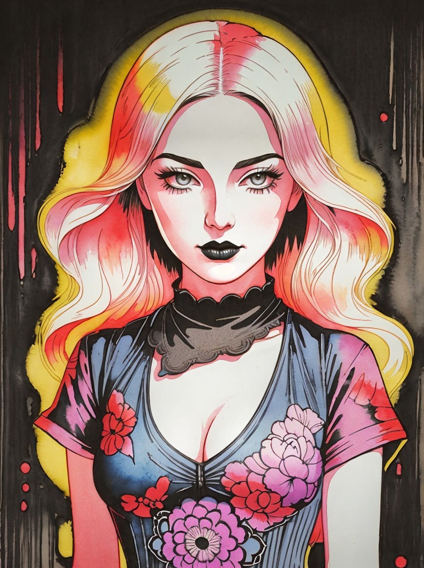 Illustration of a woman with pink and white hair