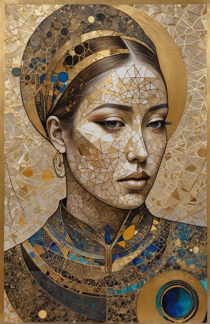 Portrait of a Woman with Geometric Patterns in Golds