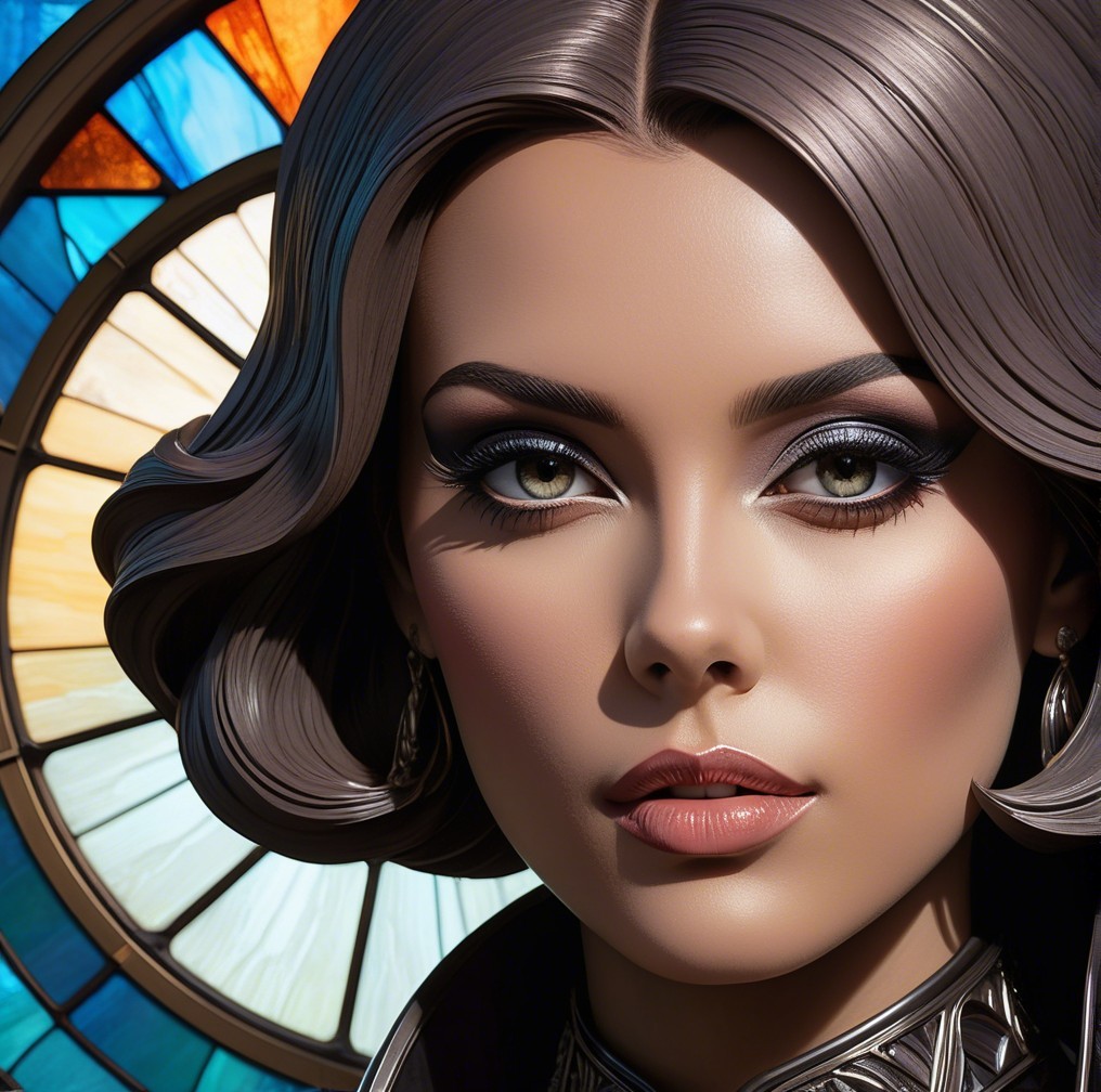 Elegant Woman with Glossy Hair and Stained-Glass Background