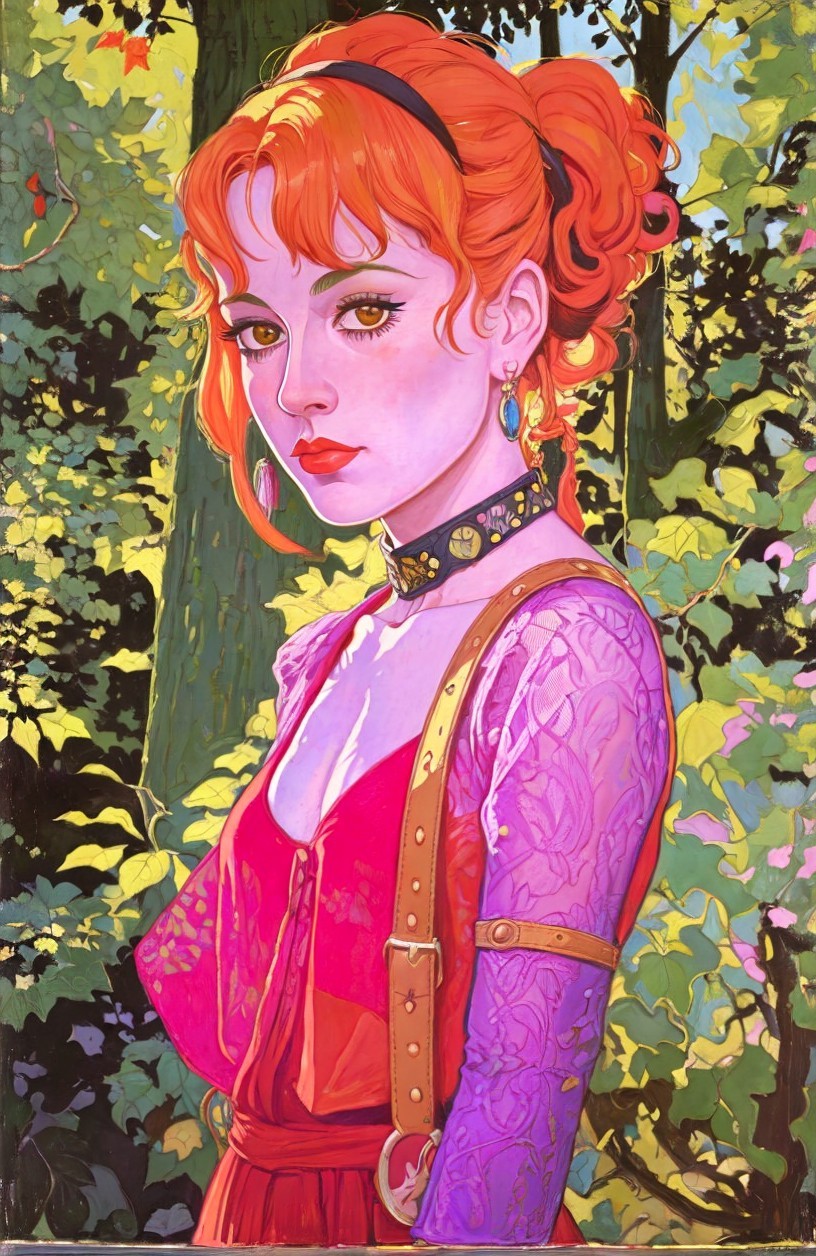 Young woman with red curls in vibrant outfit and greenery