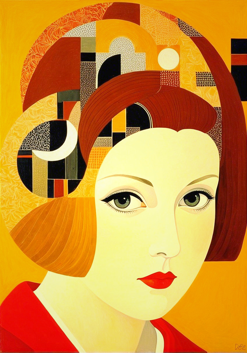 Stylized Portrait of a Woman with Green Eyes and Red Lips