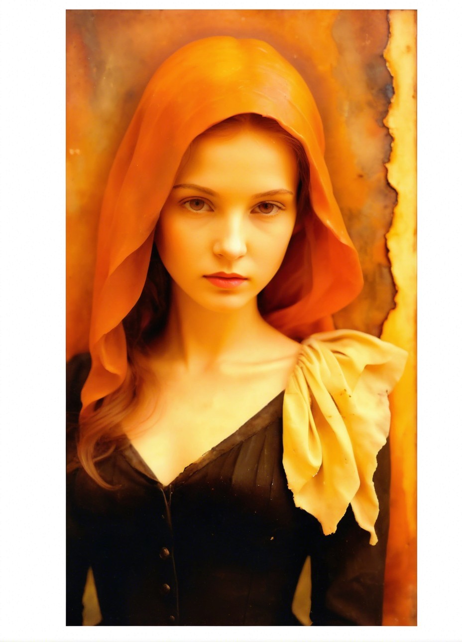 Young woman in black dress with orange hood portrait