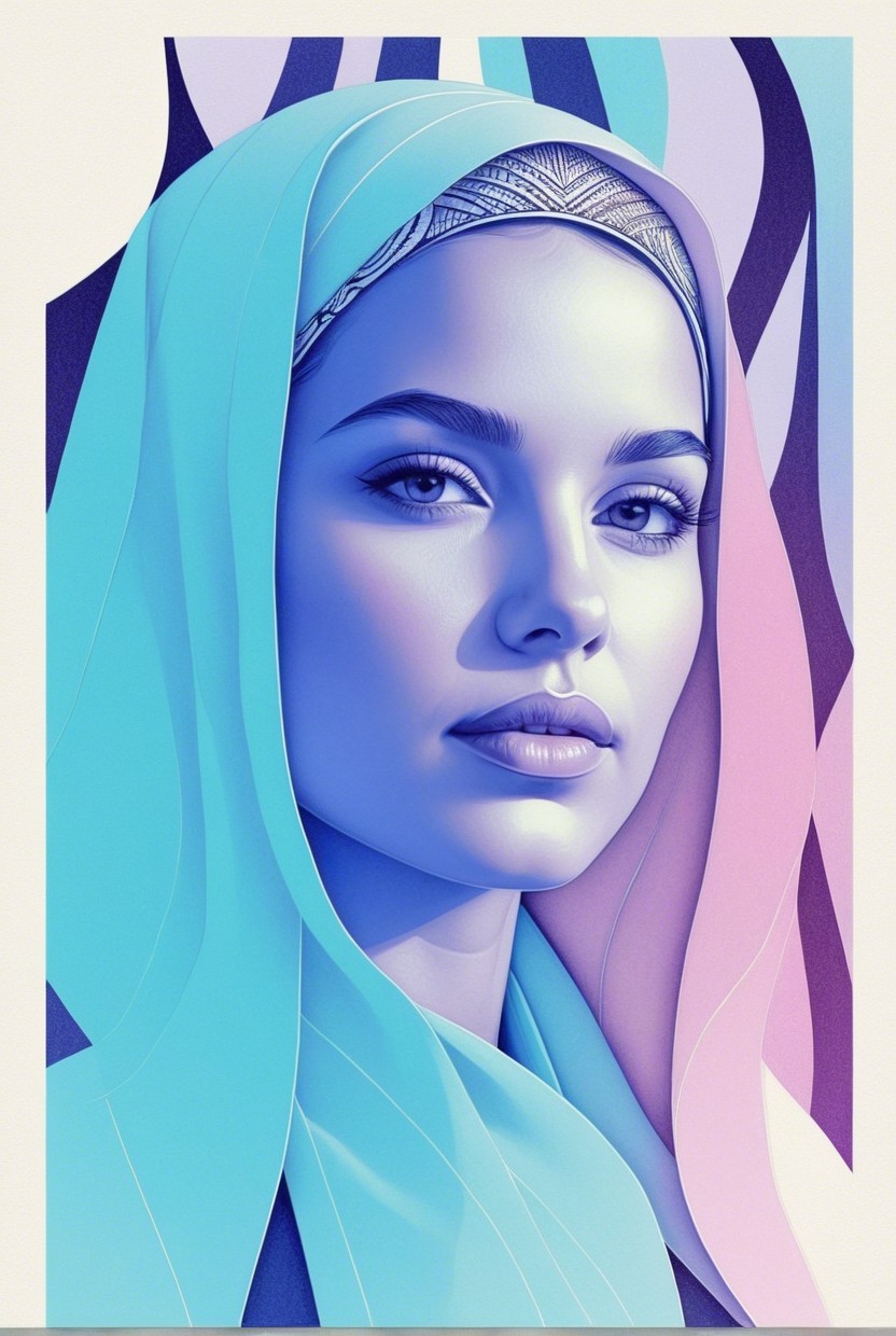 Stylized portrait of a woman with colorful headscarf