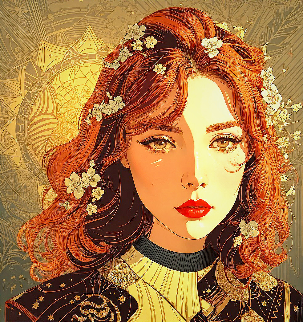 Young Woman with Red Hair and Floral Accents