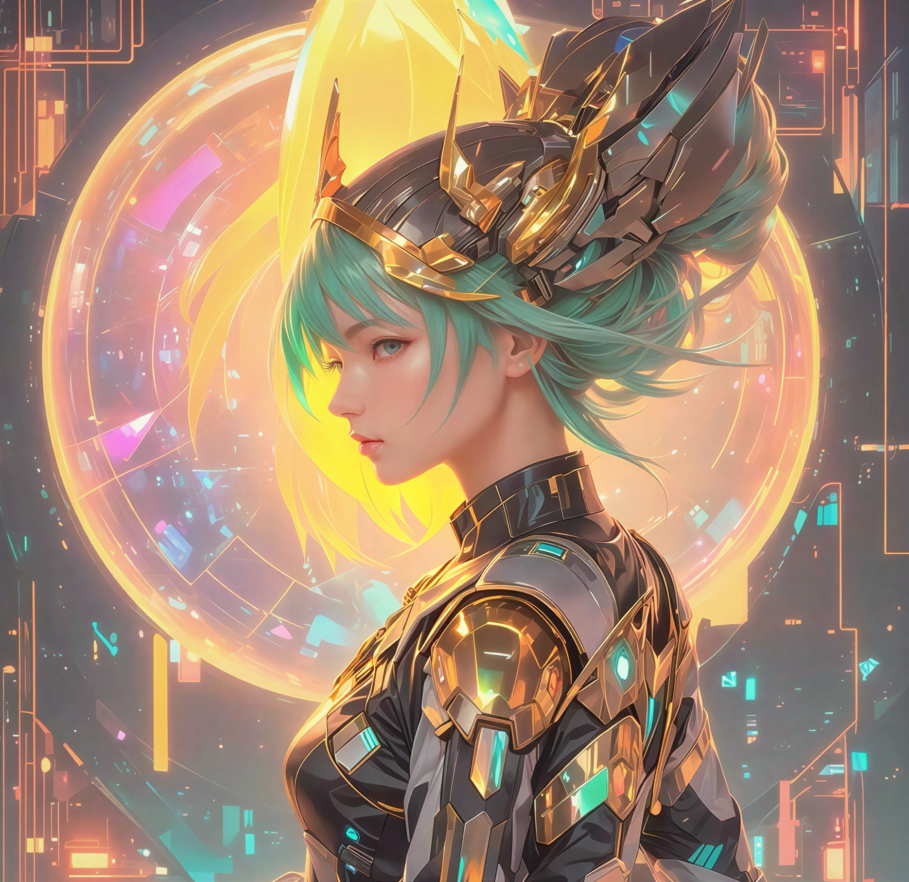 Young woman with green hair in futuristic attire