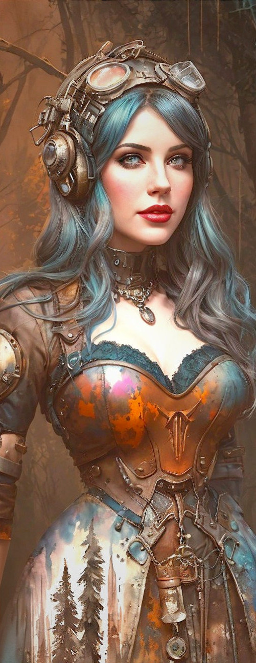 Steampunk Woman with Blue Hair and Intricate Outfit