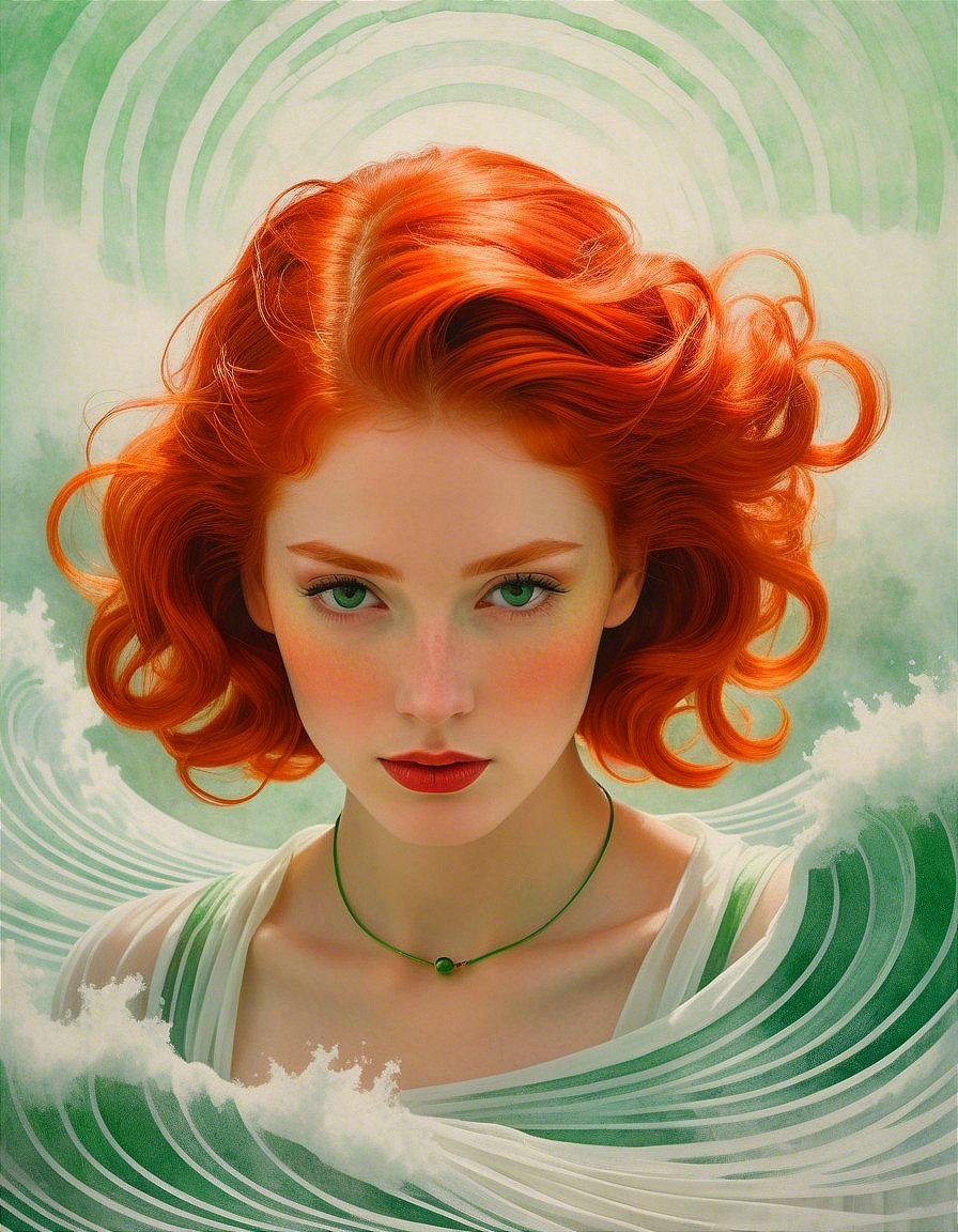 Portrait of a Young Woman with Red Hair and Ocean Waves