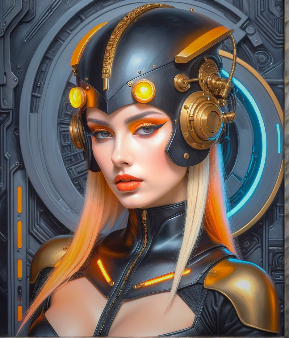 Futuristic Woman in Black and Gold Bodysuit