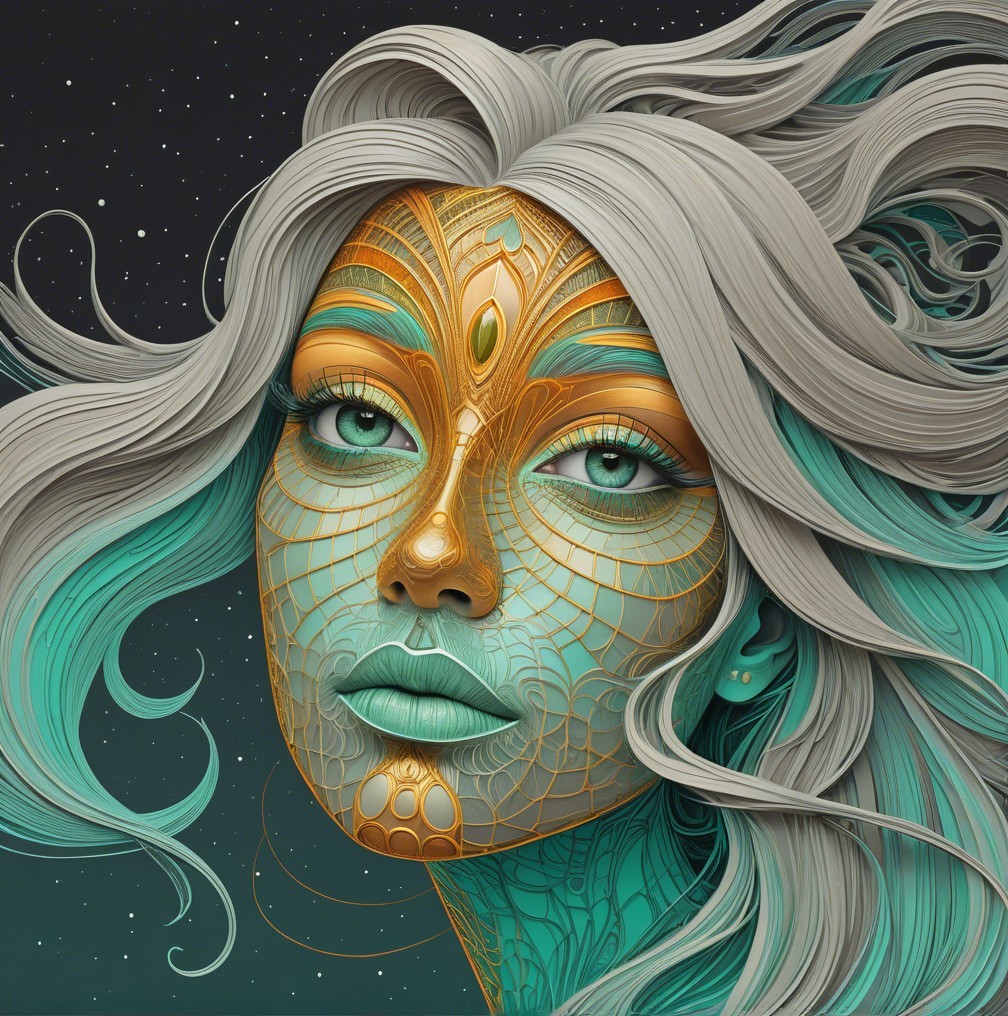 Surreal Portrait of Woman with Silver Hair and Patterns