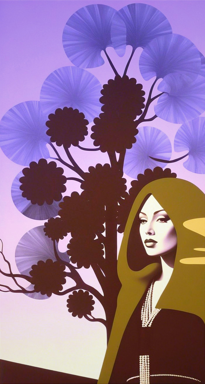 Modern depiction of a hooded woman with abstract tree