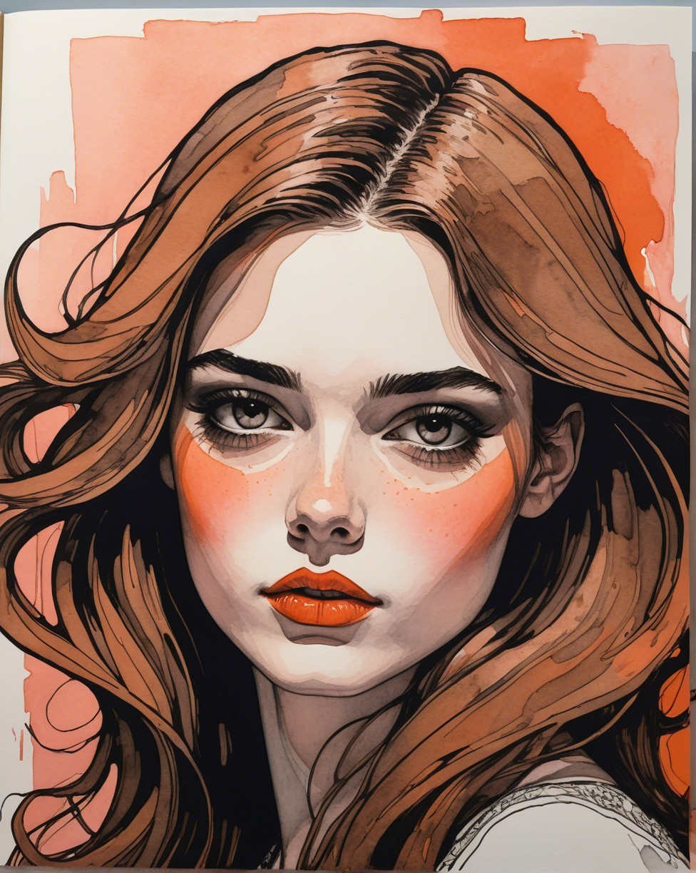 Portrait of a Young Woman with Flowing Hair and Bold Makeup