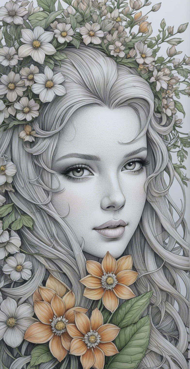 Detailed Portrait of a Young Woman with Flowers