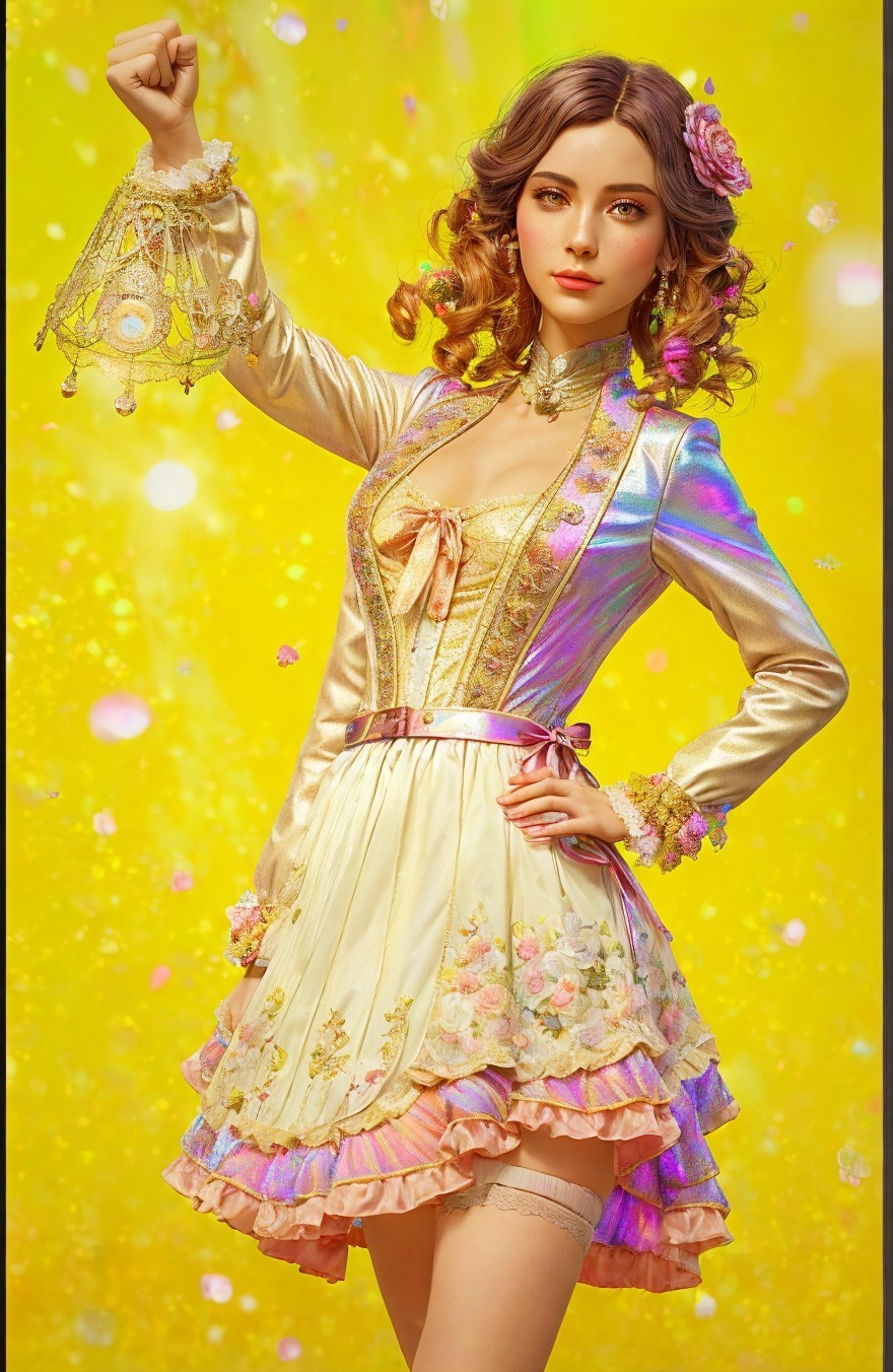 Glamorous Woman in Pastel Floral Dress Against Yellow Background